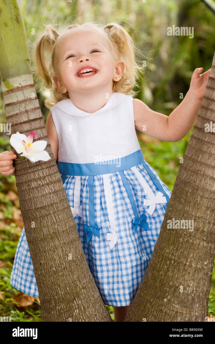 Petite fille debout à côté de palmier laughing Banque D'Images