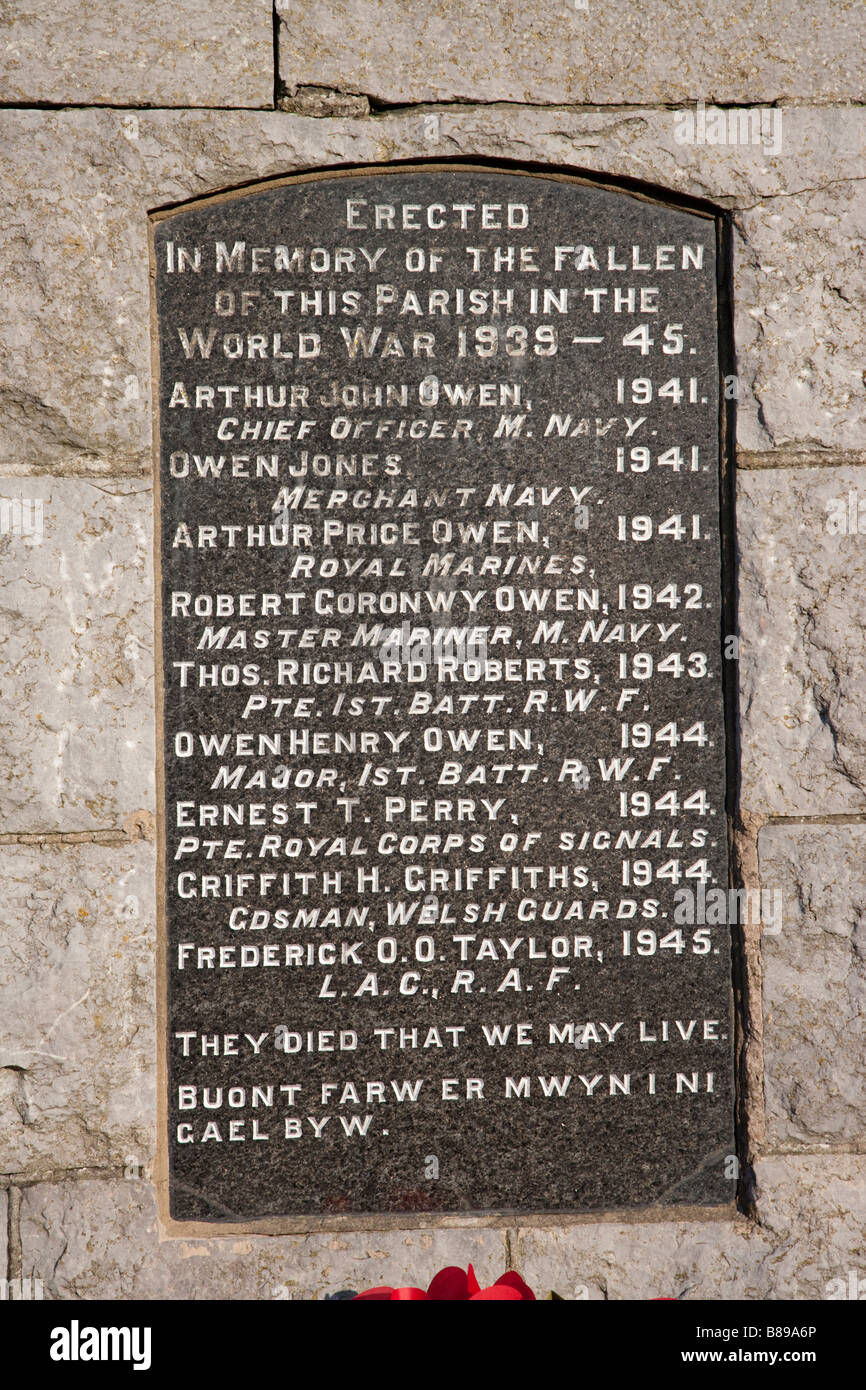 Memorial morts à la guerre, au nord du Pays de Galles Rhosneigr Banque D'Images