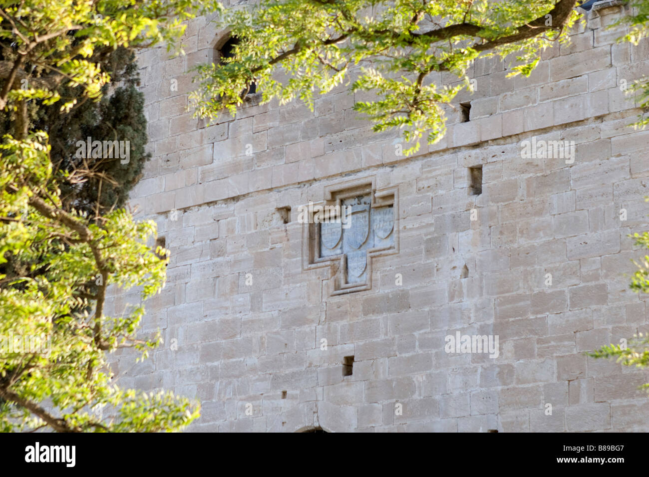 Vue sur Château de Colosse Lusignan écusson sur le mur oriental, situé près de Limassol, Chypre du Sud Banque D'Images