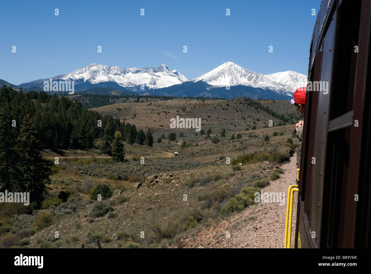Rio Grande Scenic Railroad Blanca Group montagnes Sangre de Cristo Costilla Comté Colorado USA Banque D'Images