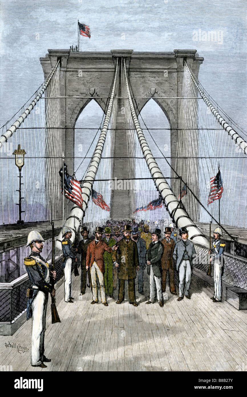 Le président Chester Arthur A présider l'ouverture du pont de Brooklyn, 1883. À la main, gravure sur bois Banque D'Images