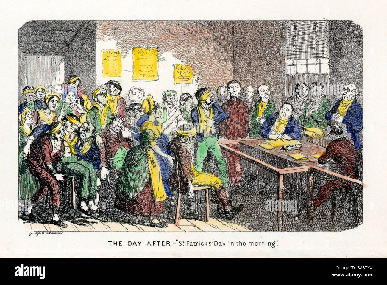 Jour après St Patricks Day 1810 croquis par George Cruikshank et battues de gueule devant le magistrat irlandais Banque D'Images