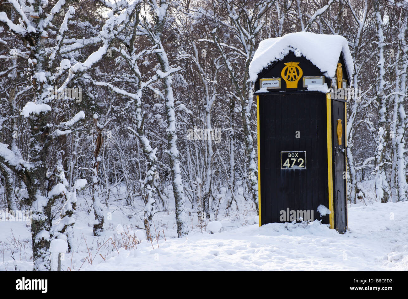 L'AA téléphone case sur la A93 à Cambus o peut, dans l'Aberdeenshire, Ecosse, Royaume-Uni. Banque D'Images