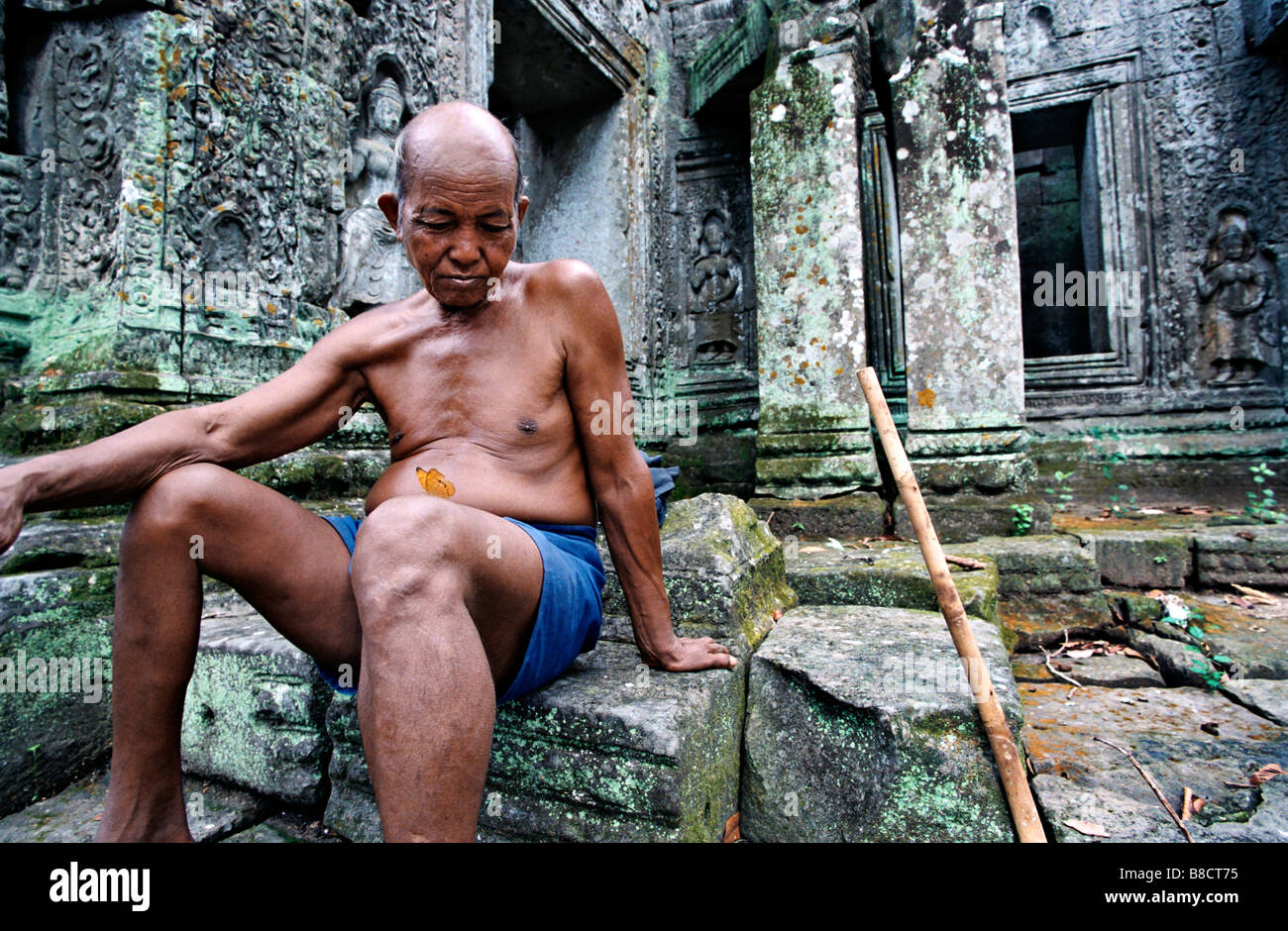 Vieil Homme papillon, Preah Khan, temple Angkor Wat, au Cambodge Banque D'Images