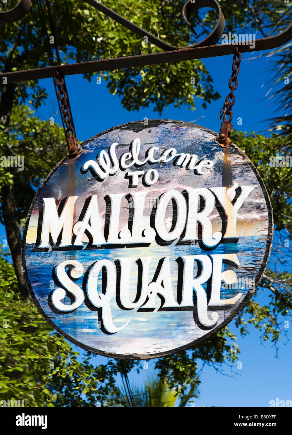 Bienvenue à Mallory Square hanging sign, Vieille Ville, Key West, Florida Keys, USA Banque D'Images
