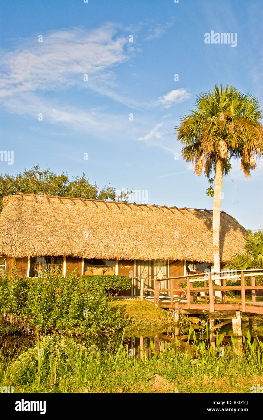 Everglades de Floride Tamiami Trail US 41 village indien Miccosukee Seminole bâtiment chaume et palm tree Banque D'Images