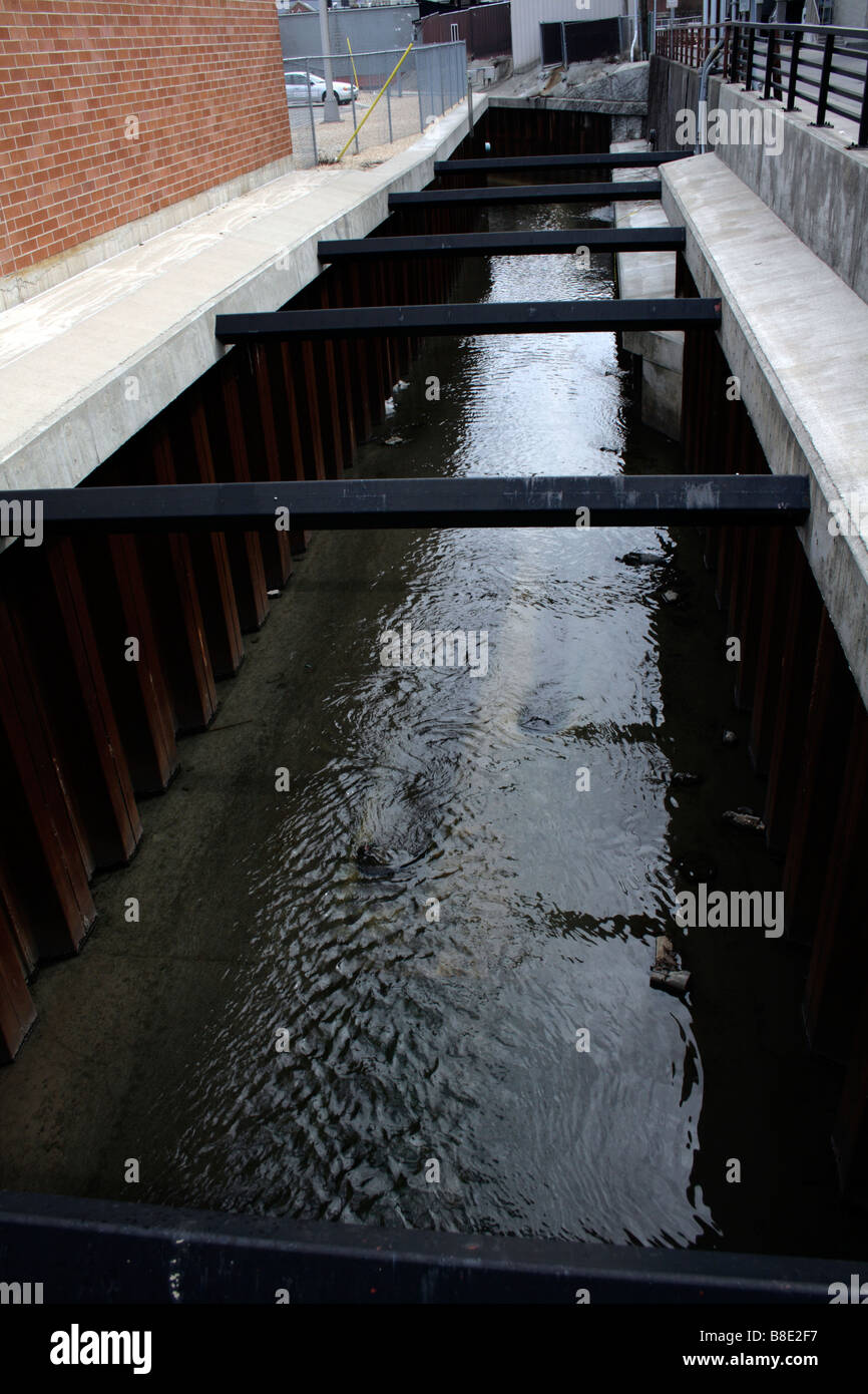 Canal de drainage contre les inondations de faible niveau qui reflètent le ciel. Banque D'Images