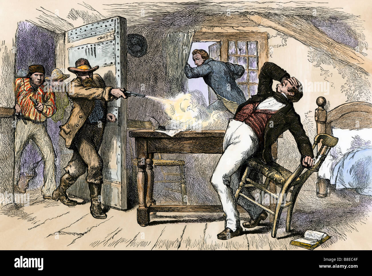 Assassinat de dirigeants mormon Joseph et Hyrum Smith par une foule en prison dans l'Illinois de Carthage 1844. À la main, gravure sur bois Banque D'Images