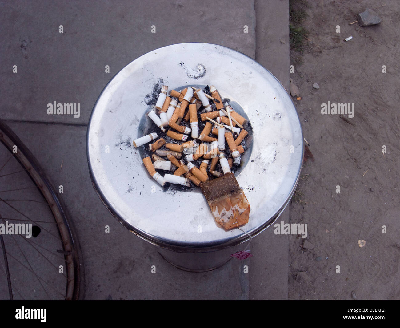 Un grand nombre de cigarettes cogné dans une poubelle. C'était à un bac situé à l'extérieur d'un bâtiment, avec interdiction de fumer à l'intérieur Banque D'Images