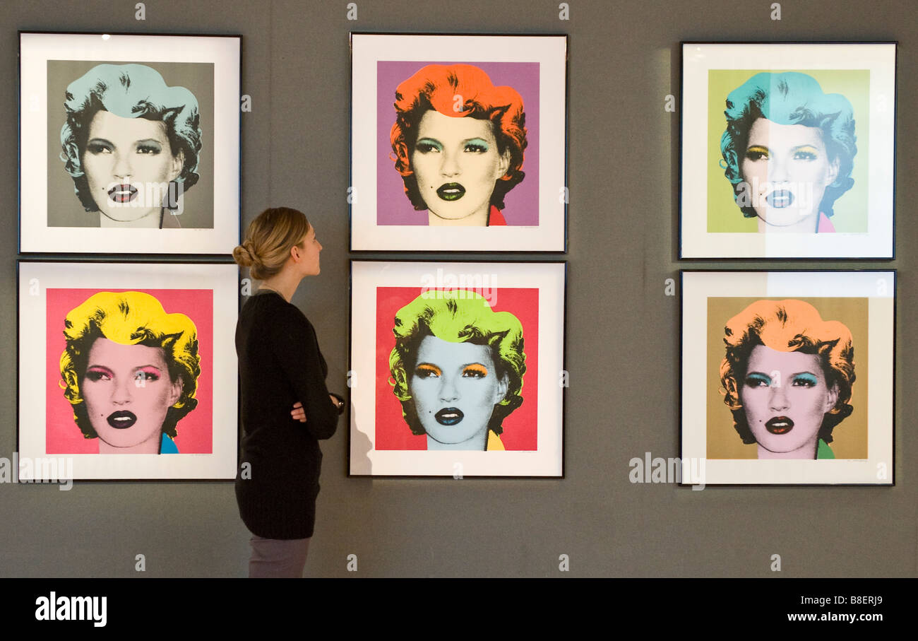 Six gravures de model Kate Moss par Banksy, artiste inspiré par Andy Warhol's image emblématique de Marilyn Monroe, à Bonham's London Banque D'Images