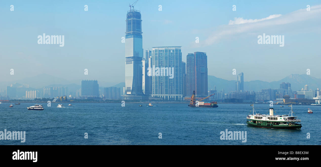Le port de Hong Kong panorama avec Star Ferry Banque D'Images