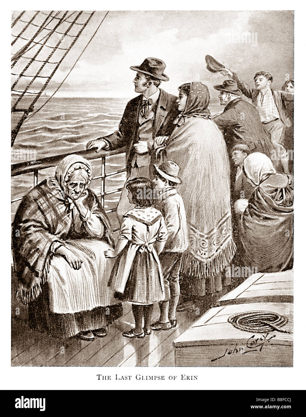 Le dernier coup d'Erin Victorian illustration d'émigrants irlandais disent adieu à leur passage à l'Amérique Banque D'Images