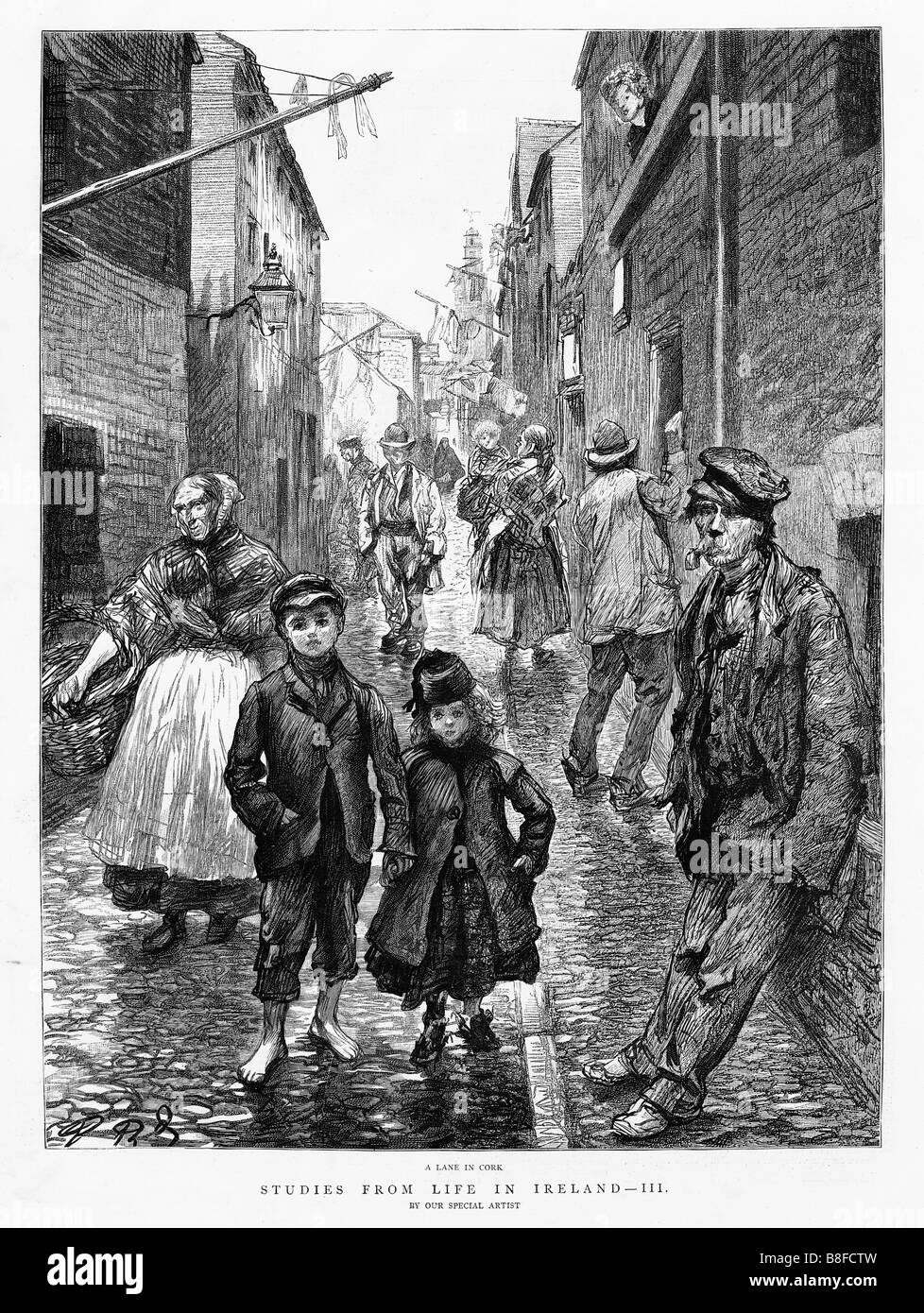 En 1888, rue de Liège gravure de la vie en Irlande avec une ruelle dans la ville de Munster Banque D'Images