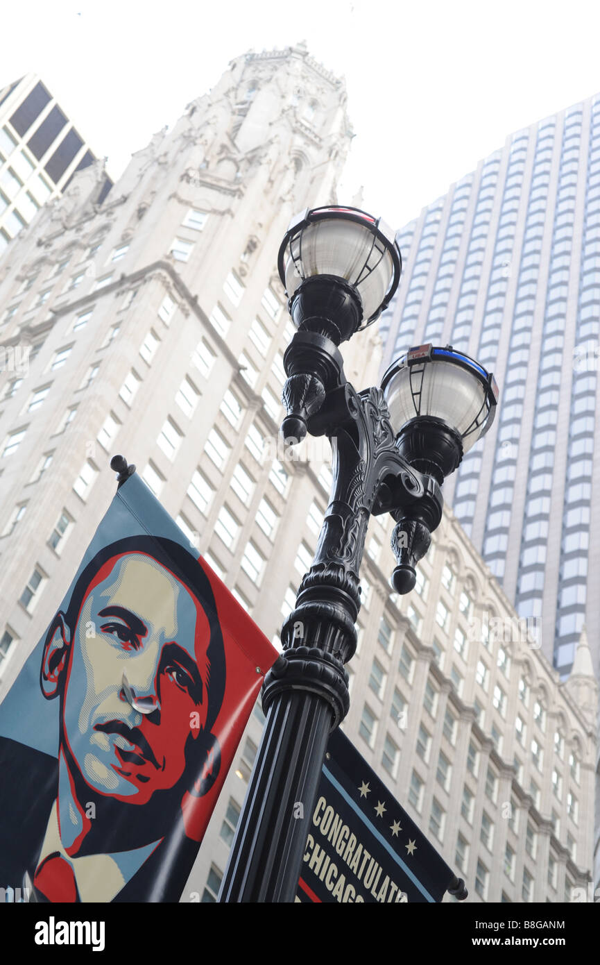 Le président Barack Obama affiche dans le centre-ville de Chicago à un lampadaire Banque D'Images