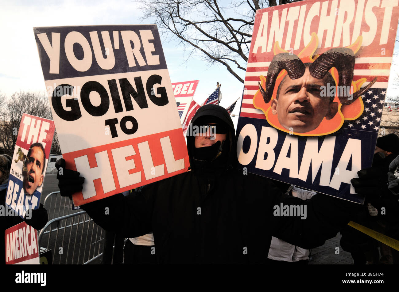 Obama inauguration manifestant à Washington DC le jour de l'investiture. Banque D'Images