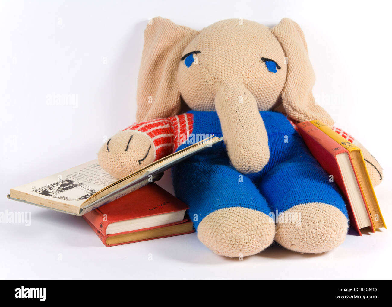 L'éléphant en tricot avec une collection de livre pour enfants. Banque D'Images