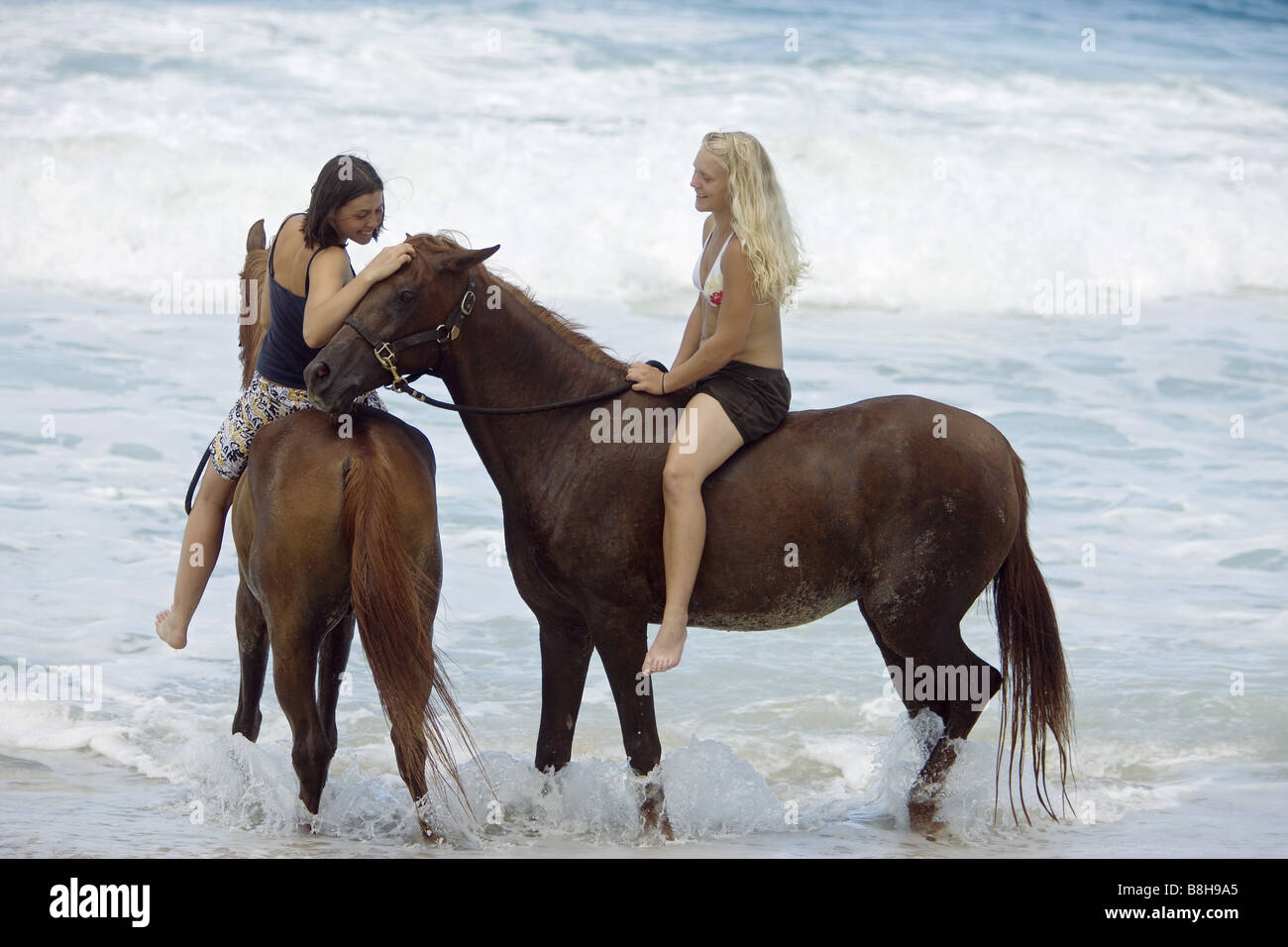 Deux femmes équitation sur des chevaux arabes dans l'eau Banque D'Images