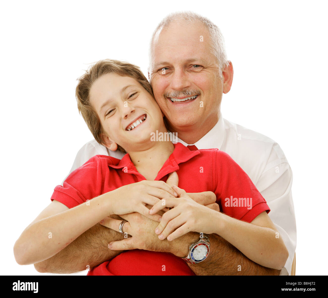 Beau père et fils ensemble sur fond blanc Banque D'Images