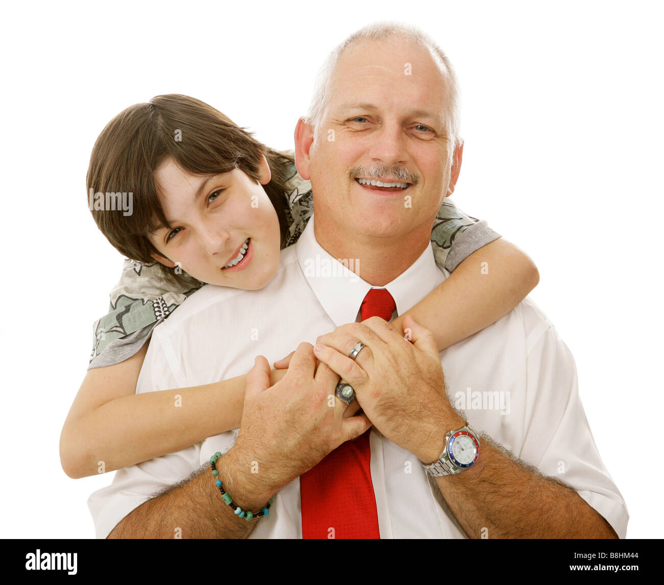 Portrait de beau père et fils aimant isolated on white Banque D'Images