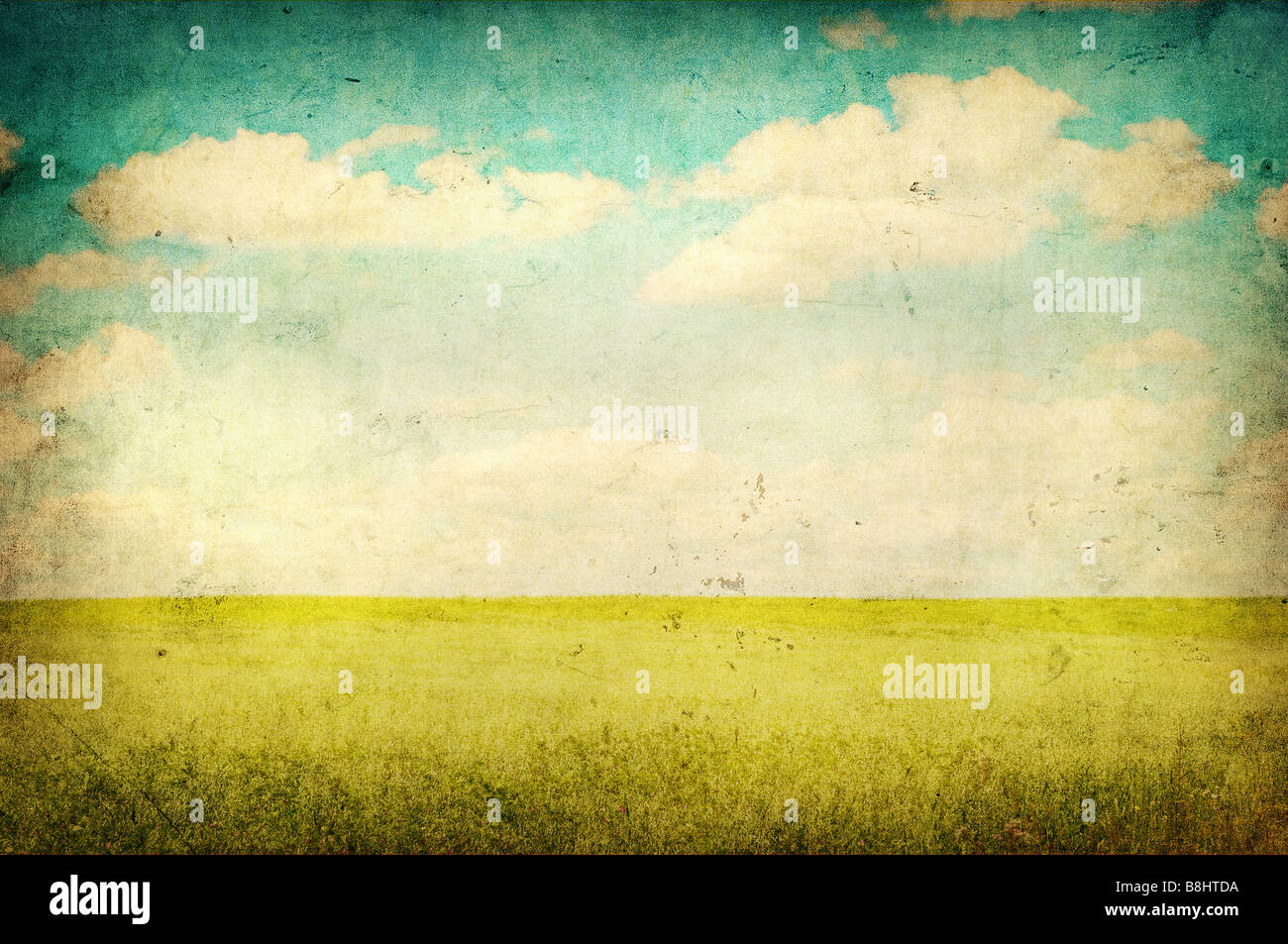 Grunge image de green field and blue sky Banque D'Images