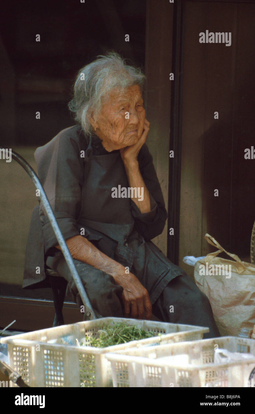 Personnes âgées Le Hakka t dame vend des produits d'épicerie frais de la route à Sheung Shui, nouveaux territoires, Hong Kong Banque D'Images