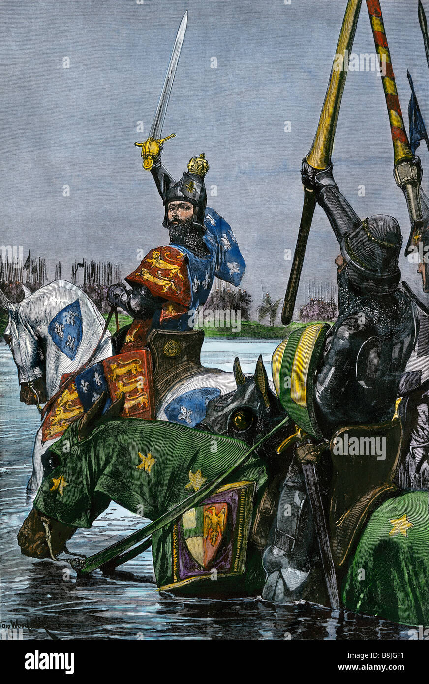 Le roi Édouard III d'Angleterre conduisant l'armée anglaise dans la Somme en France. À la main, gravure sur bois Banque D'Images