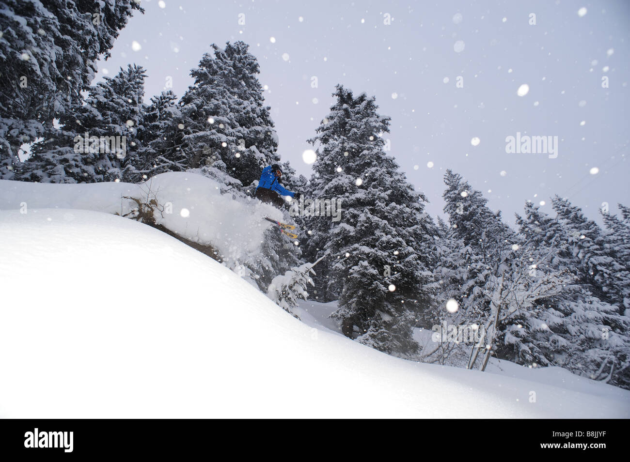 Aller sur un saut alors que la neige tombe Banque D'Images