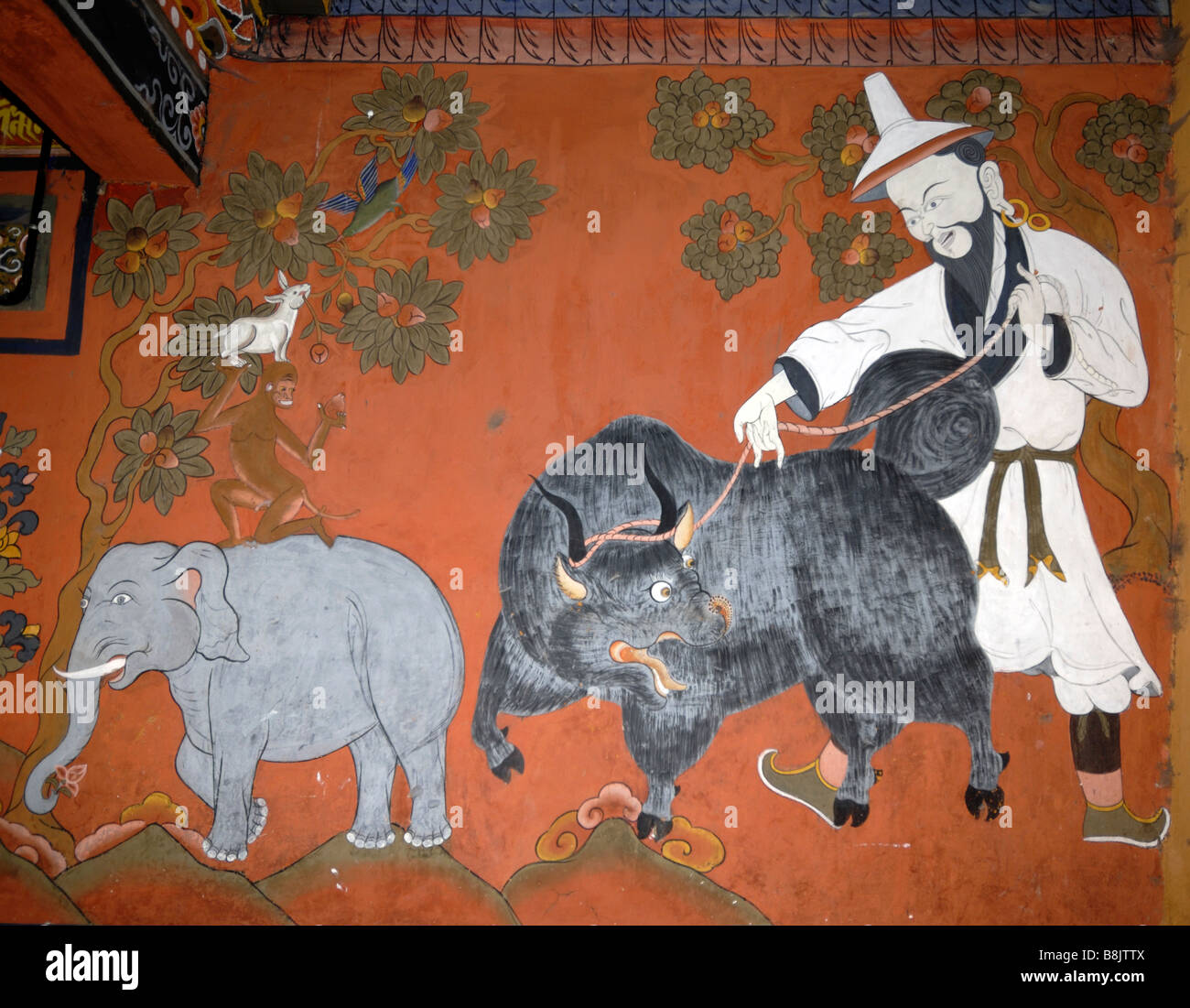 Ancienne peinture illustrant l'histoire du bouddhisme tibétain des Quatre Amis Frères harmonieux Paro Dzong, Druk Yul, le Bhoutan. Banque D'Images