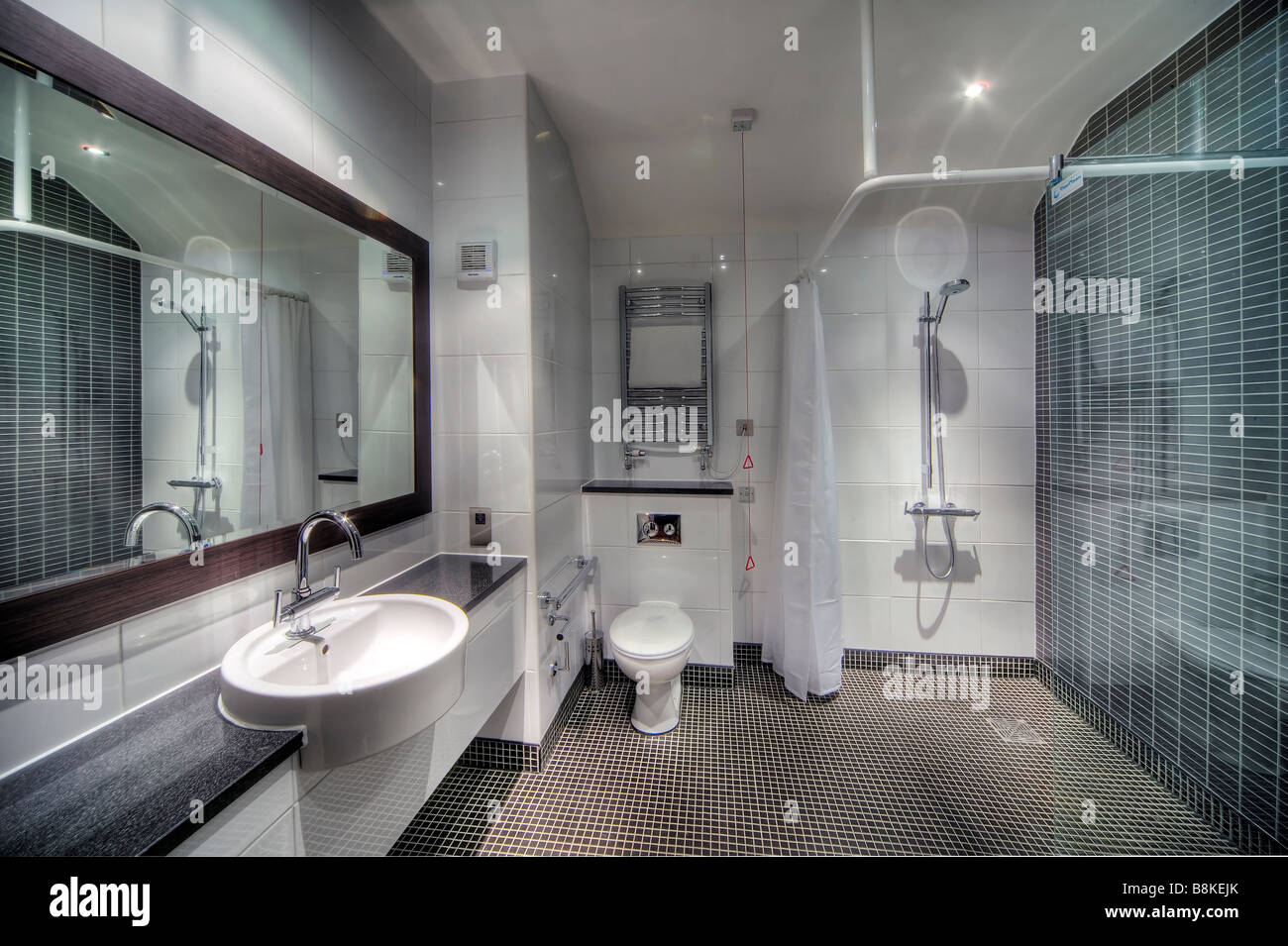 Hôtel moderne salle de bains toilettes douche lavabo blanc handicapés sol  carrelé spacieux miroirs robinets évier de la salle de lavage douche rideau  propre et fraîche Photo Stock - Alamy