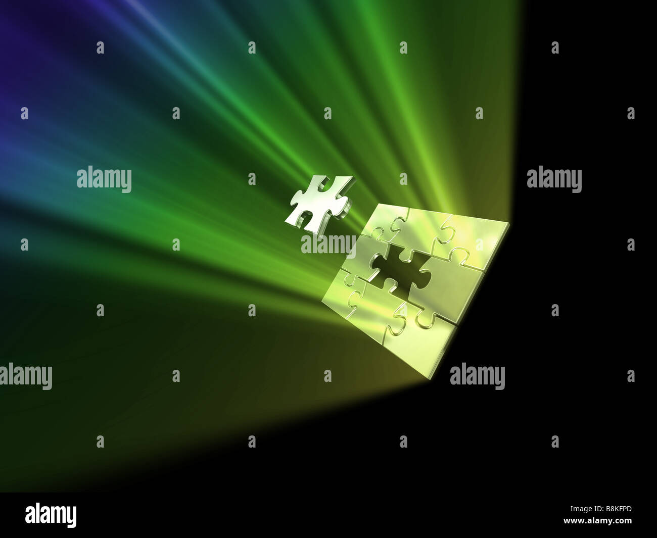 Illustration Jigsaw avec pièce centrale avec des faisceaux lumineux colorés Banque D'Images