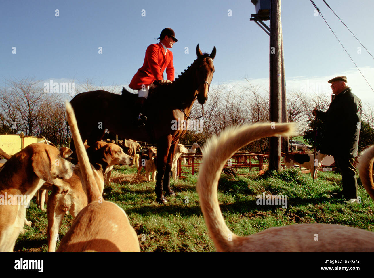 Great Dunmow Essex UK Chiens Chasse au Renard et la chasse chasseurs adeptes recueillir avant de partir Banque D'Images