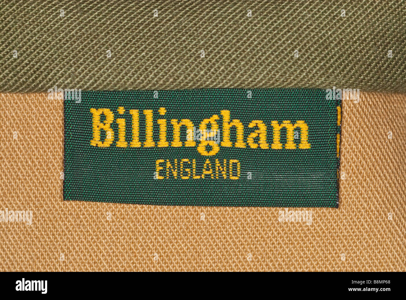 Un gros plan d'une photographie de l'appareil photo Billingham sac fait en Angleterre logo montrant Banque D'Images