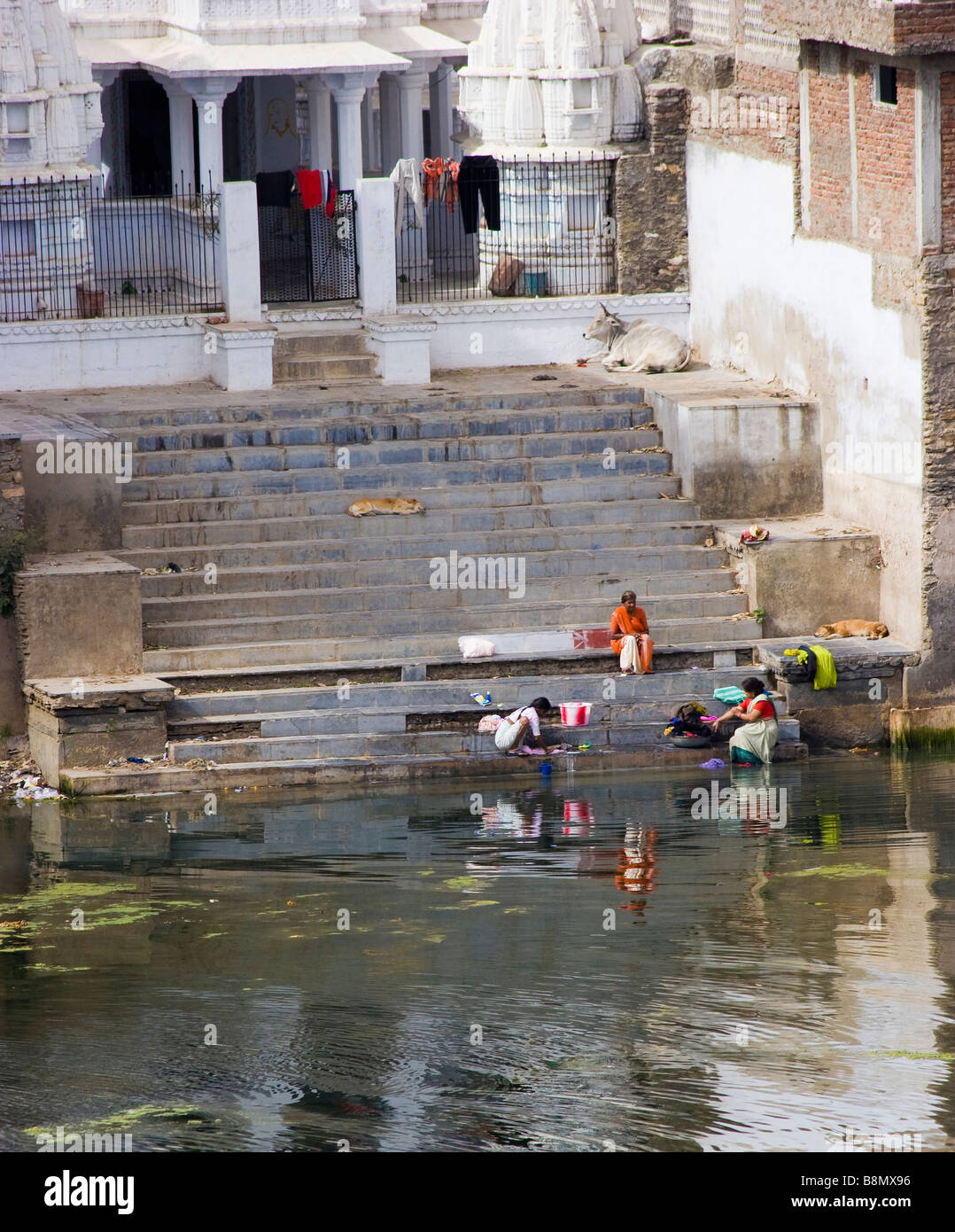 Les Indiens le bain et le lavage des vêtements le lac Pichola Udaipur Rajasthan Inde Banque D'Images