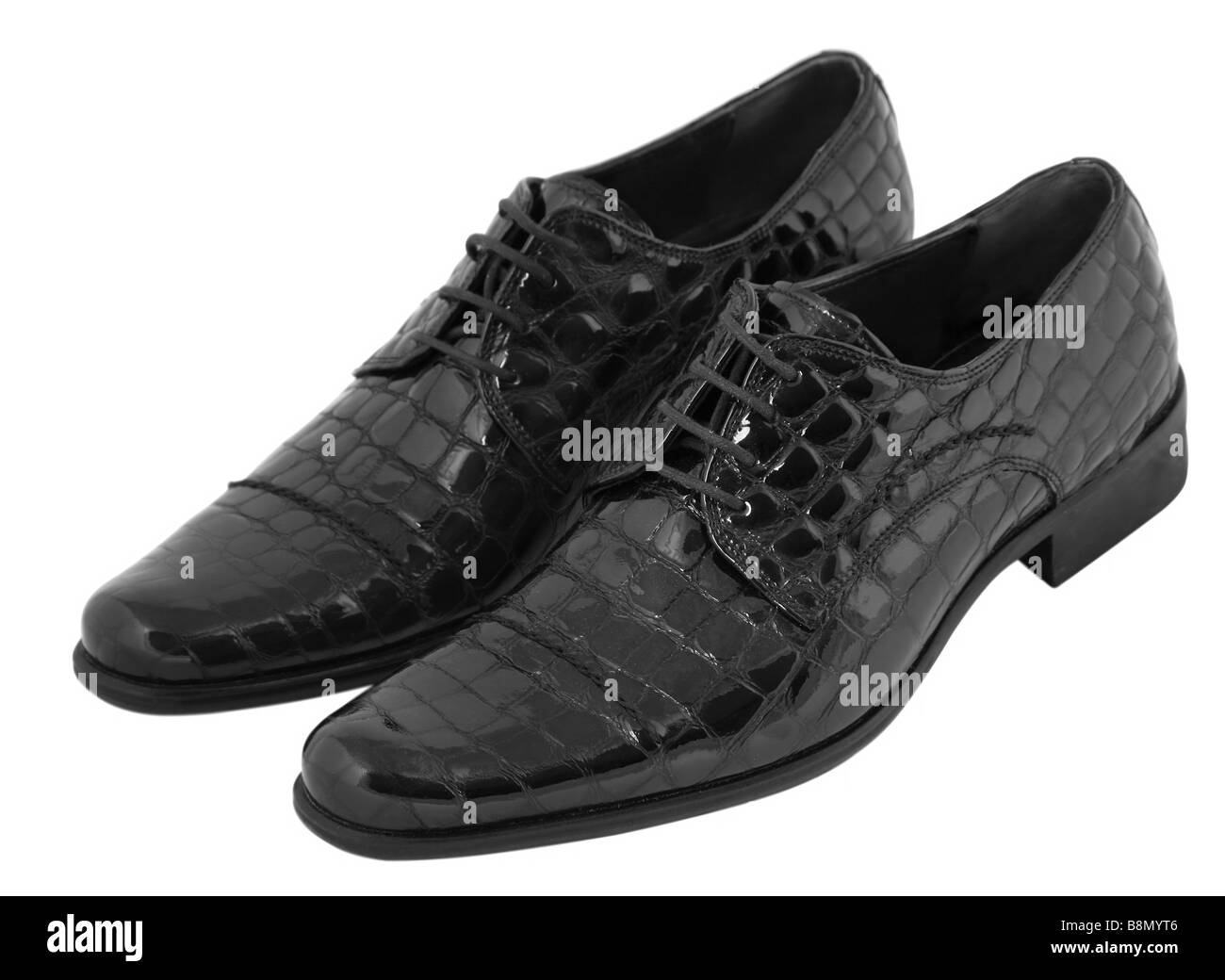 Chaussures hommes noir sur fond blanc détails Banque D'Images