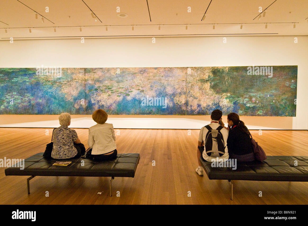 Affichage des visiteurs du triptyque de Claude Monet, "la réflexion des nuages sur le', Musée d'art moderne Banque D'Images