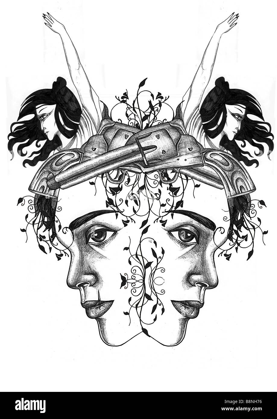 Illustration Style de tatouage d'un homme avec des intentions suicidaires (un visage, un pistolet et un arc Angel) Banque D'Images