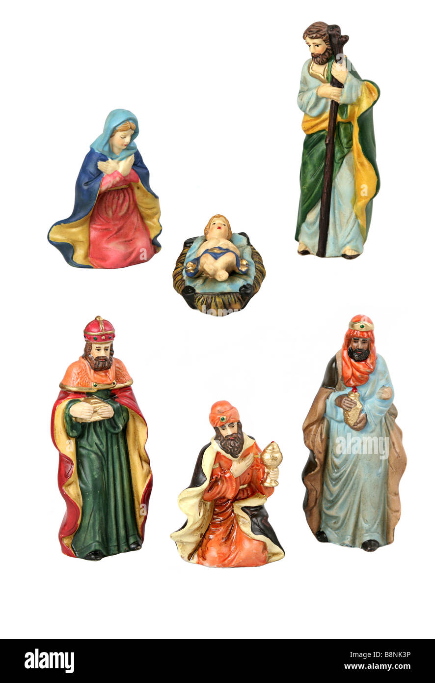 La Sainte Famille et les trois sages de la nativité chaque isolé comme éléments de design sur fond blanc Banque D'Images