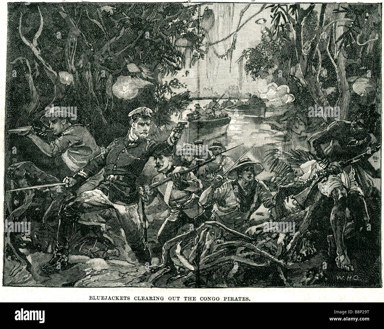 Bluejackets ou marins britanniques tentent de débarrasser le Congo de pirates 1875 Banque D'Images