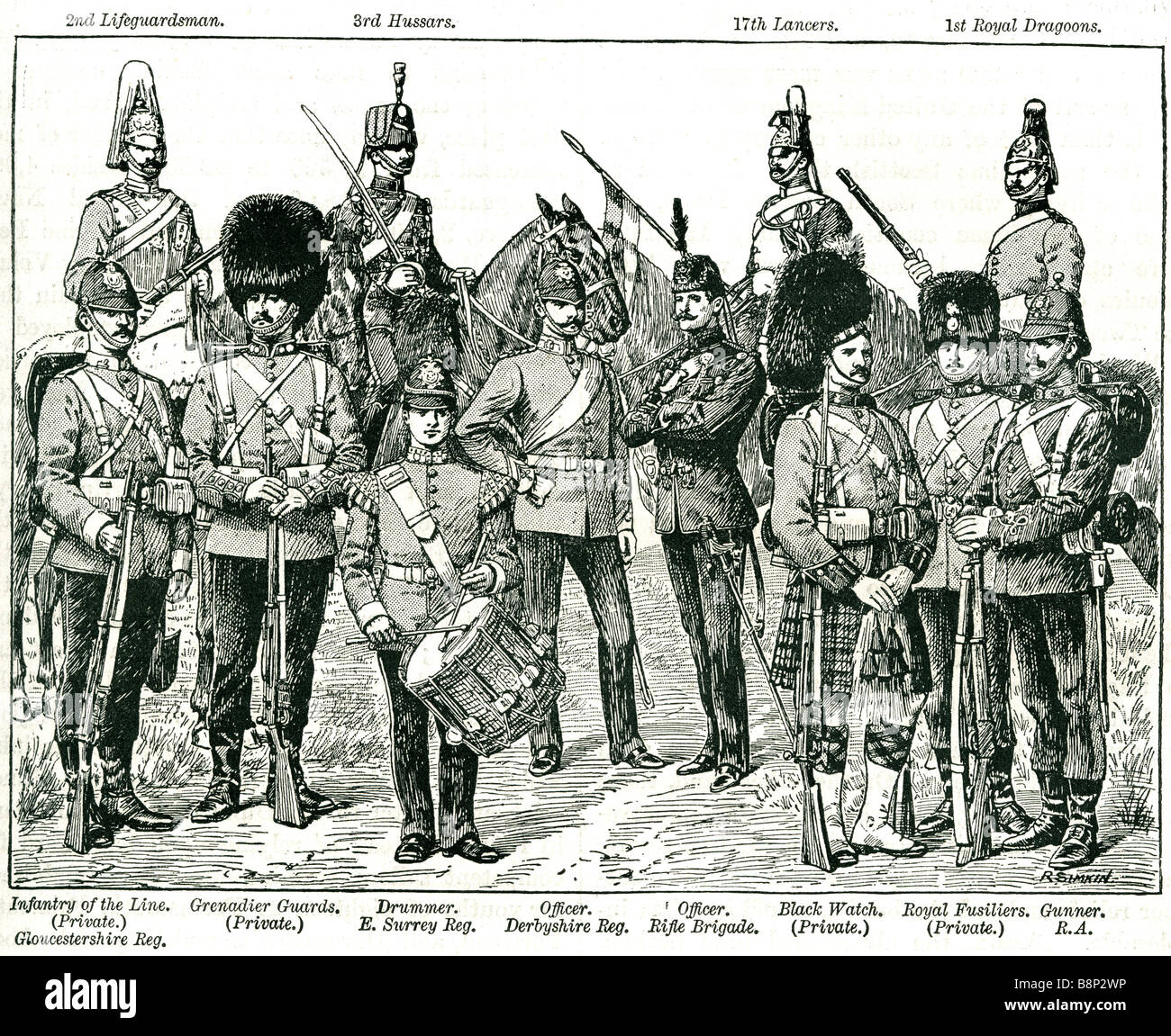 L'uniforme dans l'armée britannique Grenadier Garde côtière canadienne Agent privé batteur Rifle Brigade Black Watch Fusilier Royal Gunner Lifeguardsm Banque D'Images