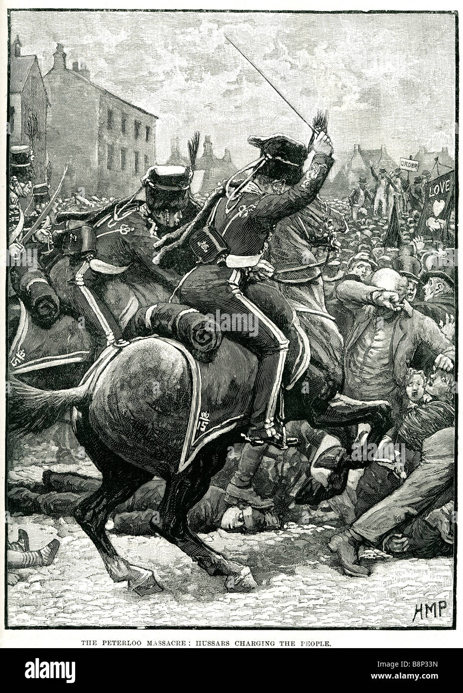 Massacre de peterloo hussars chargement de la population St Peter's Field Manchester en Angleterre 16 Août 1819 Banque D'Images