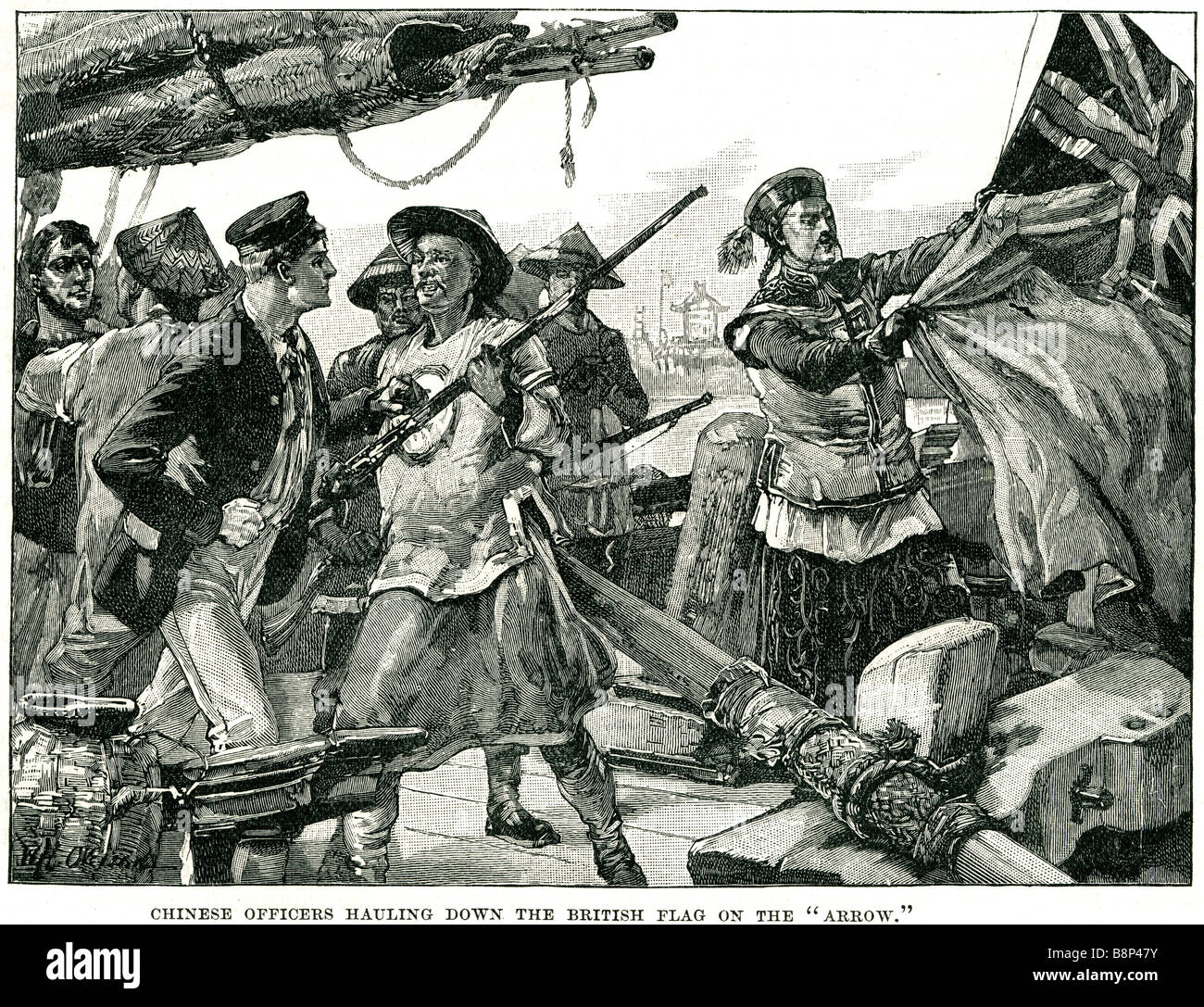 Le transport des agents chinois drapeau britannique vis flèche navire à propulsion marine royale deuxième-classe gunvessel Banque D'Images