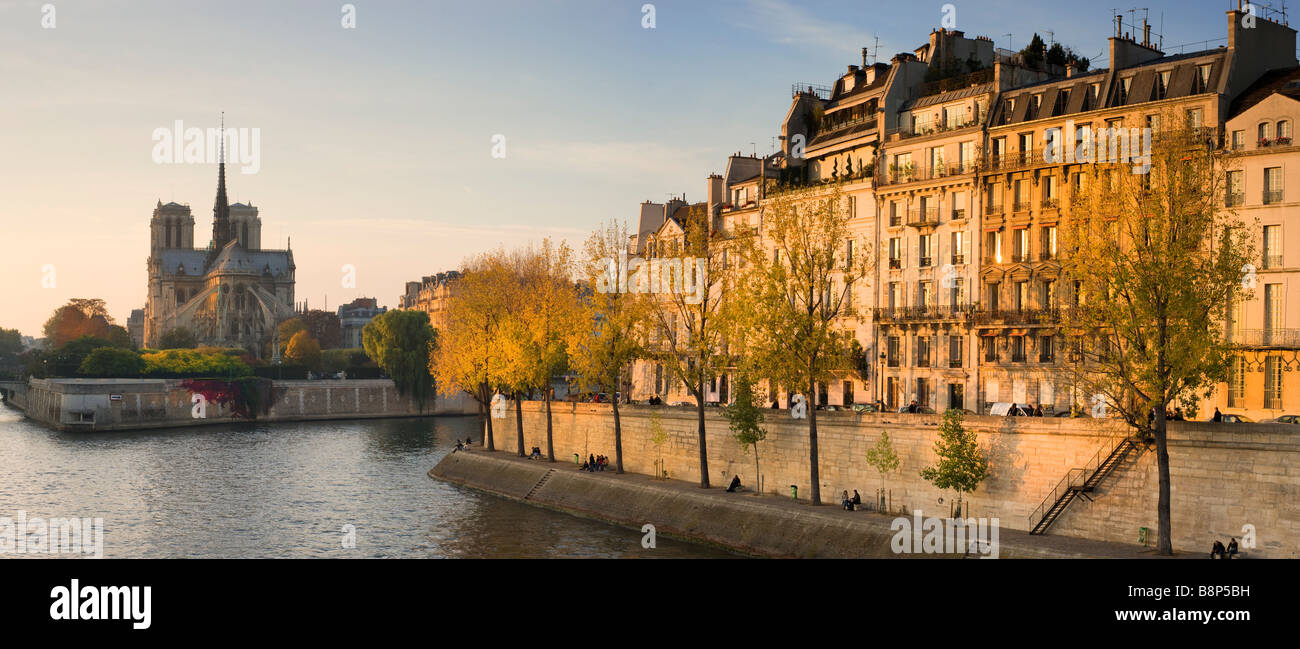 Notre Dame vue sur la Seine dans la lumière du soir Paris France Banque D'Images