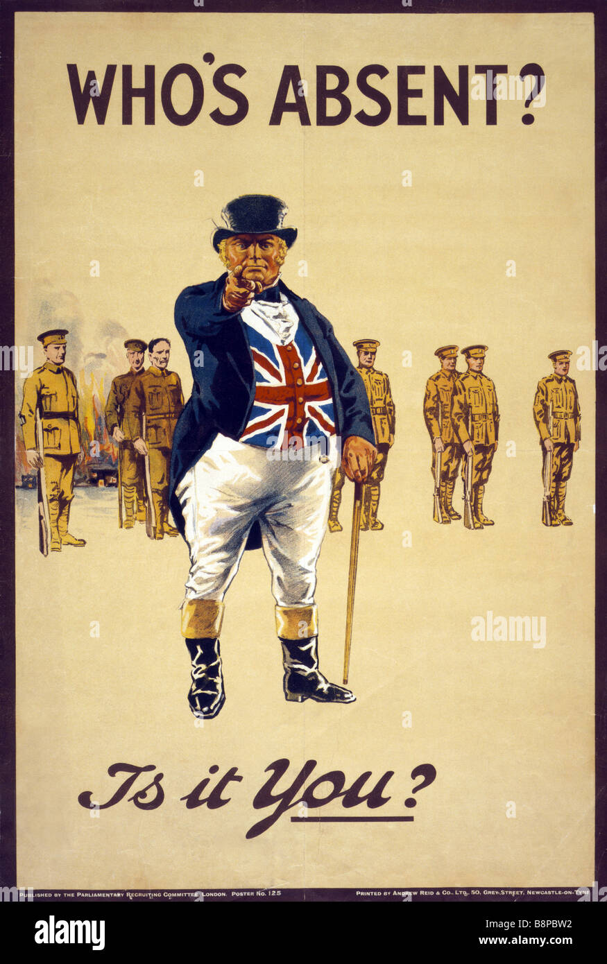 La Première Guerre mondiale de recrutement de l'armée britannique affiche présentant le caractère de John Bull et pointage de demander 'qui est absent ? Est-ce vous ?'. Banque D'Images