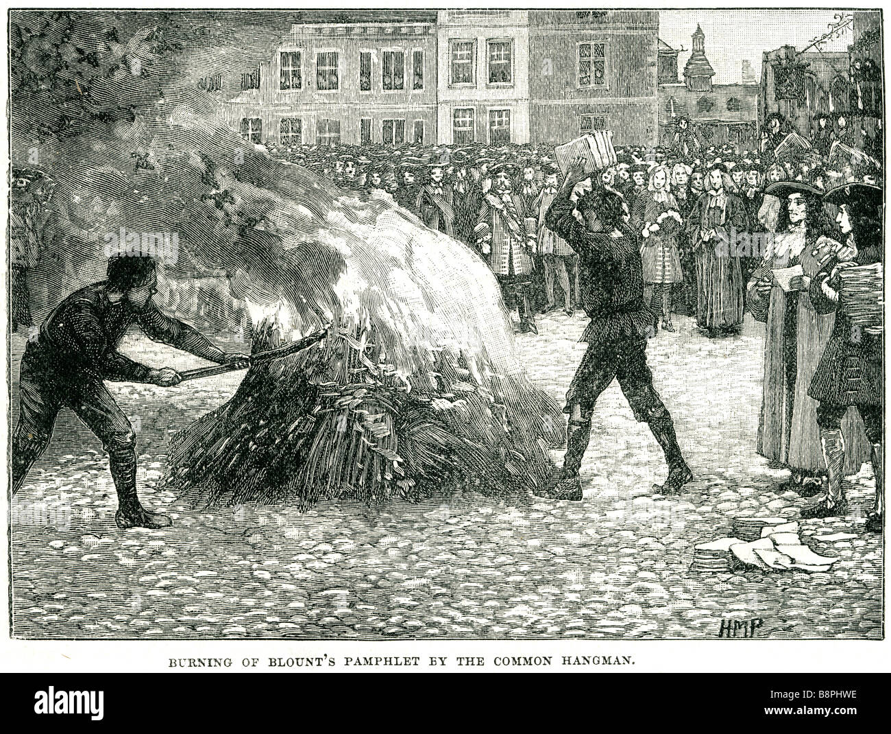 Combustion de la brochure de blount par le bourreau commun place pavée fire mob personnes riot Charles Blount (27 avril 1654 - 1 août Banque D'Images