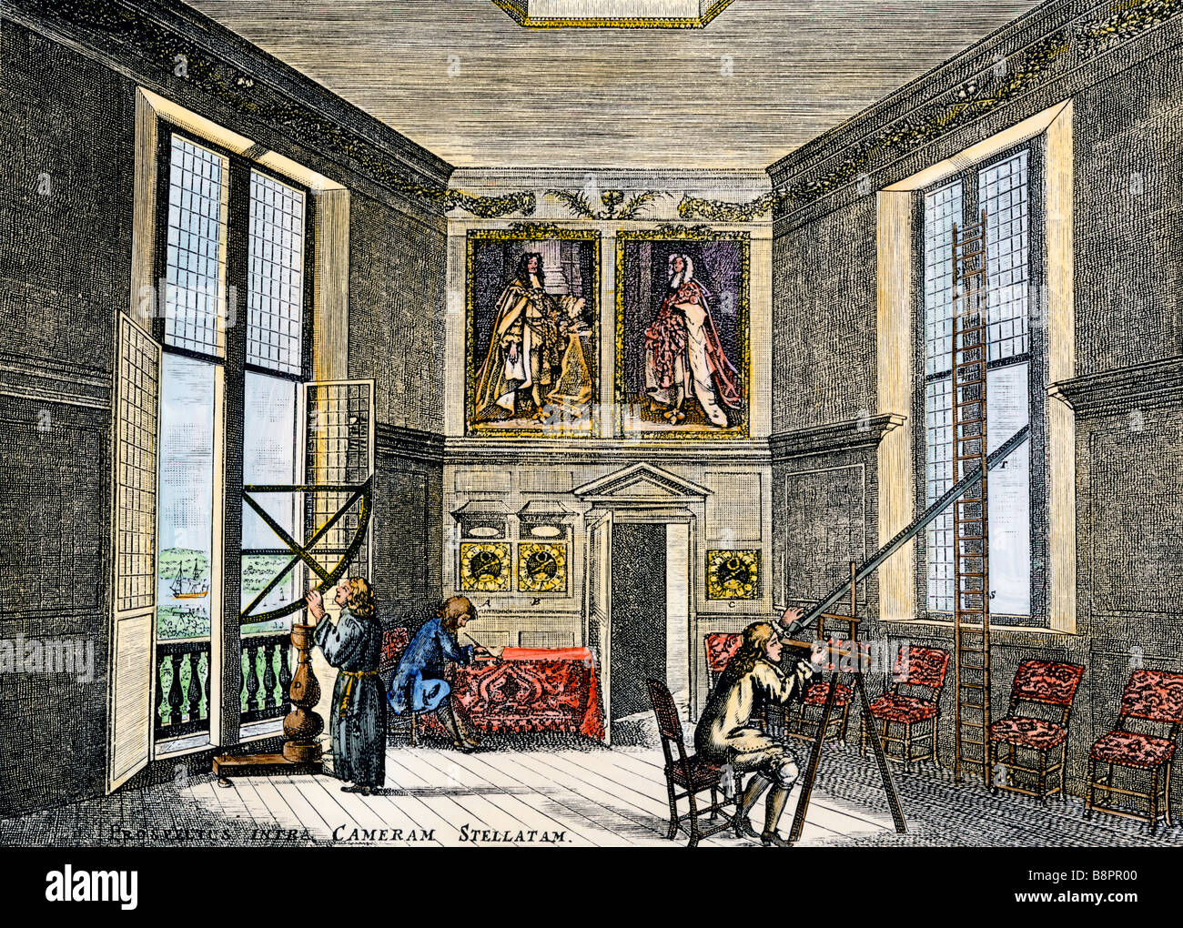 Observations des astronomes en tenant de l'ancienne chambre d'observation à Greenwich, Angleterre. À la main, gravure sur bois Banque D'Images