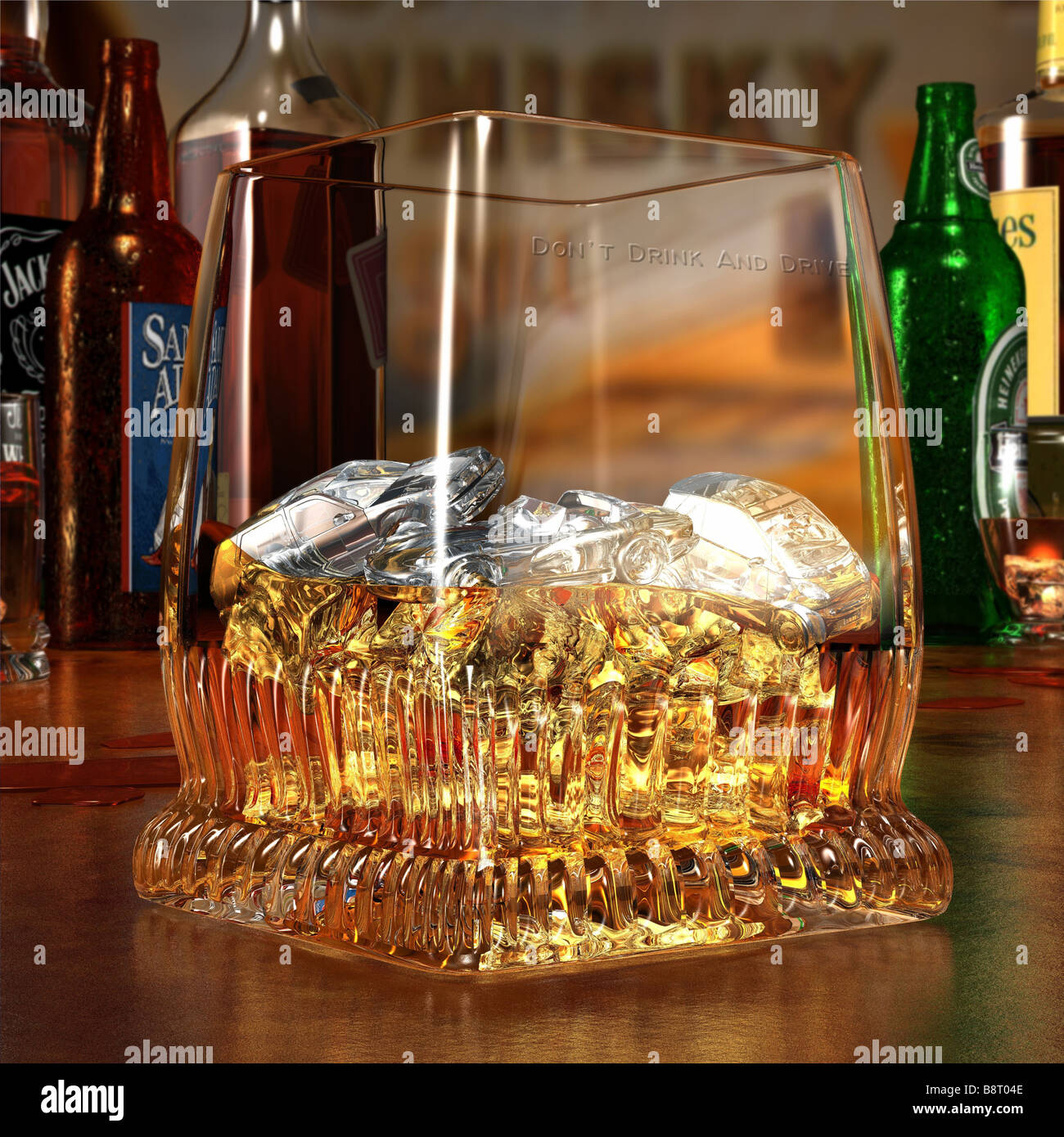 Dans un verre de whisky avec le signe : don't drink and drive Banque D'Images