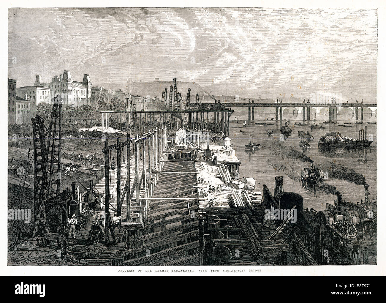 La construction du remblai de Thames Westminster Bridge 1865 travaux de Joseph Bazalgette à Hungerford Bridge Banque D'Images