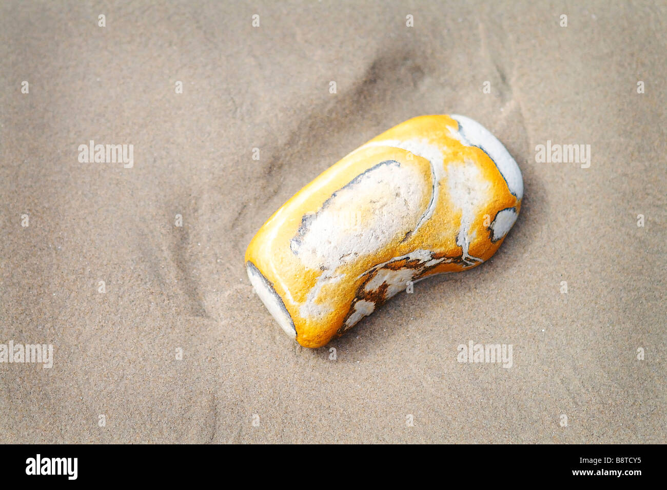 Une roche jaune découverte à marée basse sur la plage. Banque D'Images