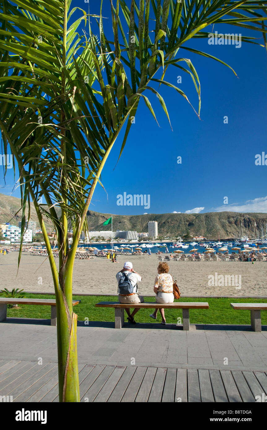 Couple de retraités âgés assis sur banc avec vue sur la plage de Los Cristianos encadrée par palmier typique sud de Tenerife Espagne Banque D'Images