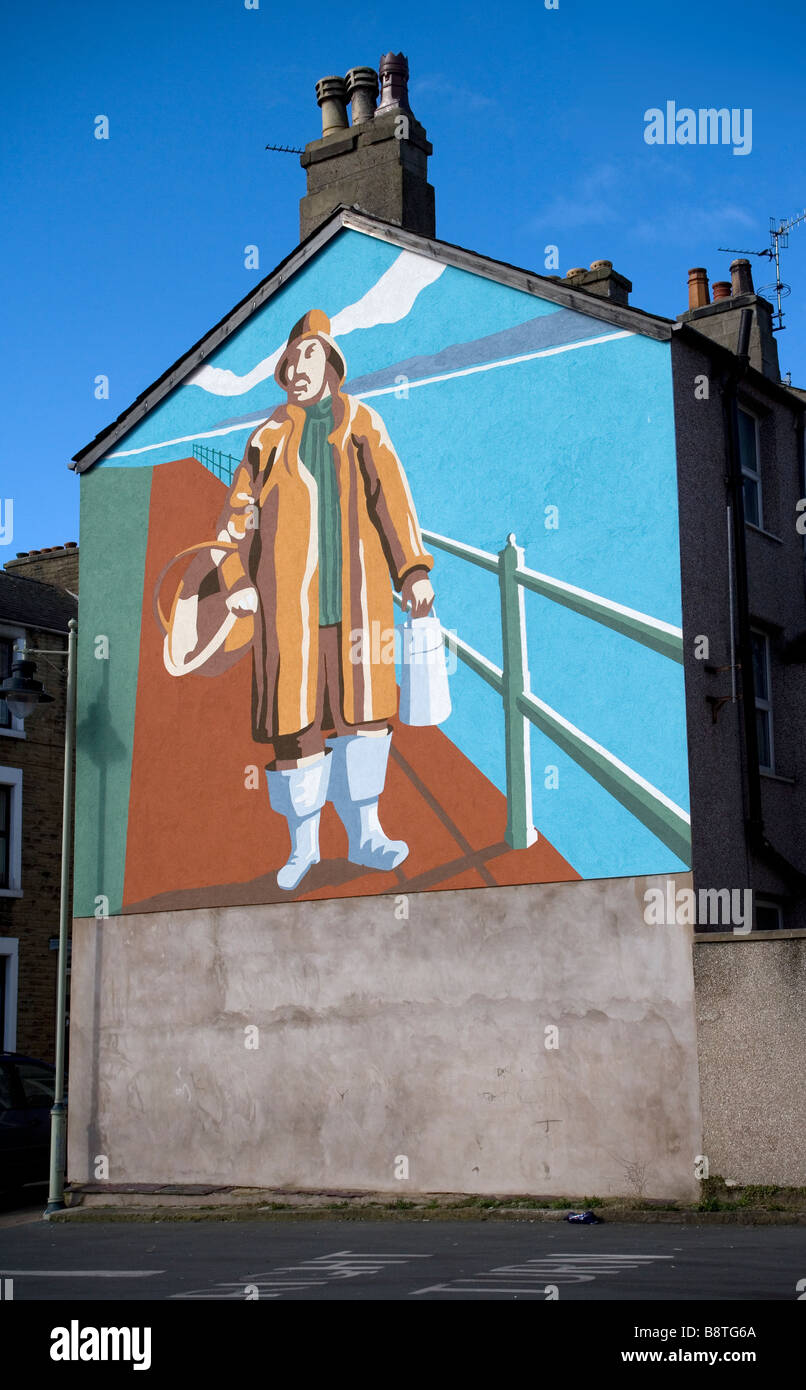 Gable wall mural,Vieux Pêcheur,Morecambe,Lancashire. Poulton Heritage Trail. Banque D'Images